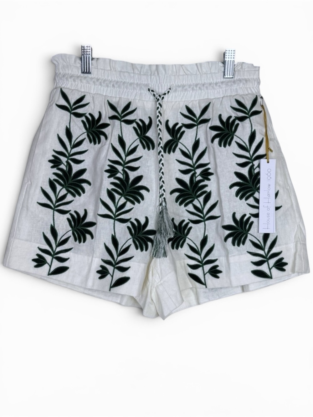 House of Harlow 1960 Embroidered Tropical Lined Linen Drawstring Shorts NWT